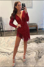 Load image into Gallery viewer, Unique Homecoming Dress 2023 Short V Neck Long Sleeves Sequin with Tassels
