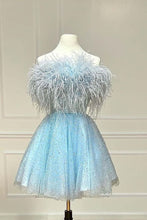 Load image into Gallery viewer, Sky Blue Homecoming Dress 2023 Short Fairy Strapless Tulle with Feathers