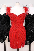 Load image into Gallery viewer, Red Homecoming Dress 2023 Short V Neck Sleeveless Sequin with Feathers