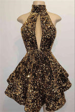 Load image into Gallery viewer, Black Homecoming Dress 2023 Halter Neck Sequin Hollow Sparkly