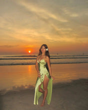 Load image into Gallery viewer, V-Neck Spaghetti Straps Green Split Lace-up Satin Mermaid Prom Dress