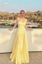 Load image into Gallery viewer, Spaghetti-Straps Light Yellow Chiffon Stitching Semi-formal A Line Prom Dress