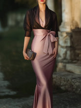 Load image into Gallery viewer, Elegant Draped Satin Mermaid Prom Dress V Neck Evening Gown With Sheer Shawl Overlay