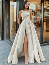 Load image into Gallery viewer, A-Line/Princess One-Shoulder Sleeveless Floor-Length Satin Prom Dresses With Ruffles