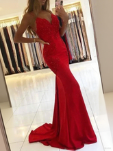 Load image into Gallery viewer, Mermaid V-neck Spaghetti Straps Sleeveless Floor-Length Lace Prom Dresses With Applique