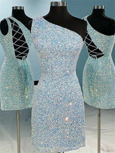 Load image into Gallery viewer, Blue Homecoming Dress 2023 Short Tight One-shoulder Sequin