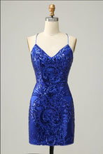 Load image into Gallery viewer, Royal Blue Homecoming Dress 2023 Short Halter Neck Sequin Corset Back