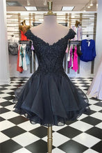 Load image into Gallery viewer, Black Homecoming Dress 2023 Short Off the Shoulder Beaded Tulle