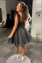 Load image into Gallery viewer, Black Homecoming Dress 2023 Short Spaghetti Straps Beaded Tulle Sparkly with Feathers
