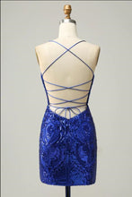 Load image into Gallery viewer, Royal Blue Homecoming Dress 2023 Short Halter Neck Sequin Corset Back