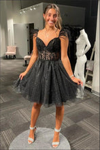 Load image into Gallery viewer, Black Homecoming Dress 2023 Short Spaghetti Straps Beaded Tulle Sparkly with Feathers