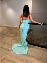 Load image into Gallery viewer, Mint Black Girl Prom Dress 2024 V Neck Sequin Mermaid with Slit
