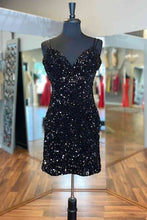 Load image into Gallery viewer, Black Homecoming Dress 2023 Short Tight Spaghetti Straps Sequin