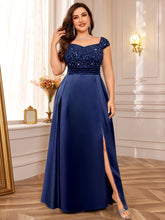 Load image into Gallery viewer, Navy Blue Sparkly Sequins A Line Plus Size Mother of the Bride Dress Cap Sleeves
