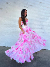 Load image into Gallery viewer, Sweetheart A Line Split Chiffon Long Prom Dresses Floral Print Evening Party Gowns with Ruffle