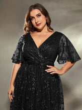 Load image into Gallery viewer, Dark Green V Neck A Line Embroidered Lace Mother of the Bride Dress with Flutter Sleeve