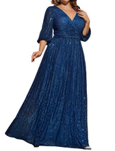 Load image into Gallery viewer, Blue Shiny Sequin V Neck A Line Mother of the Bride Dress with 3/4 Sleeves
