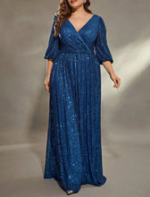 Load image into Gallery viewer, Blue Shiny Sequin V Neck A Line Mother of the Bride Dress with 3/4 Sleeves