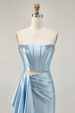 Load image into Gallery viewer, Blue Cut Out Corset Beaded Tight Satin Homecoming Dress with Streamer