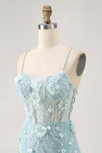 Load image into Gallery viewer, Blue Spaghetti Straps Sequins Corset Homecoming Dress with Flower Appliques