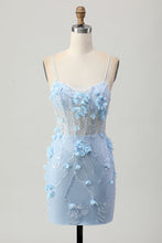 Load image into Gallery viewer, Blue Spaghetti Straps Sequins Corset Homecoming Dress with Flower Appliques