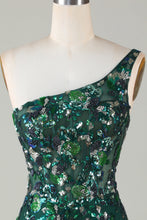 Load image into Gallery viewer, Dark Green One Shoulder Sequins Bodycon Short Homecoming Dress with Feather
