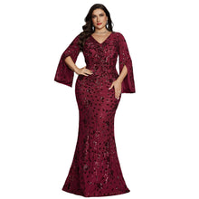 Load image into Gallery viewer, Burgundy Mermaid Plus Size V Neck Mother of the Bride Dress with Sequin Lace