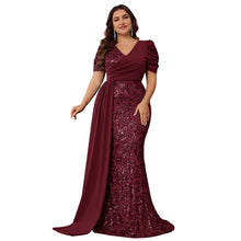 Load image into Gallery viewer, Peacock Mermaid Sequins V Neck Plus Size Mother of the Bride Dress with Streamer