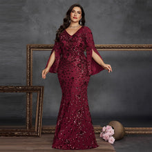 Load image into Gallery viewer, Burgundy Mermaid Plus Size V Neck Mother of the Bride Dress with Sequin Lace