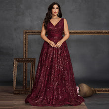 Load image into Gallery viewer, Burgundy V Neck A Line Plus Size Mother of the Bride Dress with Sequin Appliques
