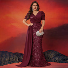 Load image into Gallery viewer, Peacock Mermaid Sequins V Neck Plus Size Mother of the Bride Dress with Streamer