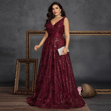 Load image into Gallery viewer, Burgundy V Neck A Line Plus Size Mother of the Bride Dress with Sequin Appliques