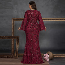 Load image into Gallery viewer, Burgundy Mermaid Plus Size V Neck Mother of the Bride Dress with Sequin Lace