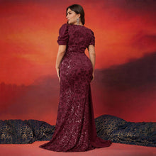 Load image into Gallery viewer, Peacock Mermaid Sequins V Neck Plus Size Mother of the Bride Dress with Streamer