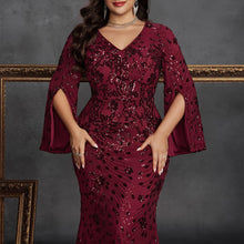 Load image into Gallery viewer, Burgundy Mermaid Plus Size V Neck Mother of the Bride Dress with Sequin Lace