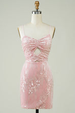 Load image into Gallery viewer, Pink Velvet Sequins Mini Tight Homecoming Dress with Hollow-out