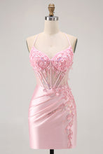 Load image into Gallery viewer, Candy Pin Spaghetti Straps Beaded Corset Short Homecoming Dress with Appliques