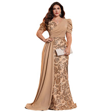 Load image into Gallery viewer, Peacock Mermaid Sequins V Neck Plus Size Mother of the Bride Dress with Streamer