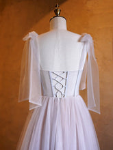 Load image into Gallery viewer, A-line Corset Applique Beaded Tulle Bow Straps Long Prom Dress with sweep train