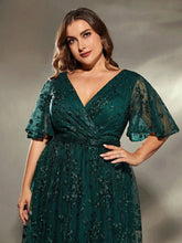 Load image into Gallery viewer, Dark Green V Neck A Line Embroidered Lace Mother of the Bride Dress with Flutter Sleeve