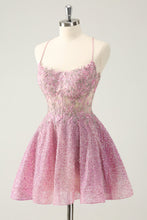 Load image into Gallery viewer, Sparkly Dark Pink A Line Corset Short Homecoming Dress with Beading Appliques
