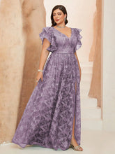 Load image into Gallery viewer, Navy Blue V Neck A Line Ruffled Sleeve Mother of the Bride Dress with High Slit