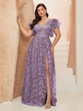 Load image into Gallery viewer, Navy Blue V Neck A Line Ruffled Sleeve Mother of the Bride Dress with High Slit