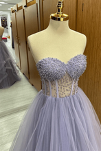 Load image into Gallery viewer, Lilac Strapless Sweetheart Beaded Ruffle-Layers Tulle Long Prom Dress
