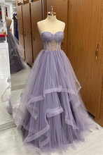 Load image into Gallery viewer, Lilac Strapless Sweetheart Beaded Ruffle-Layers Tulle Long Prom Dress