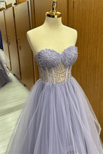Load image into Gallery viewer, Lilac Strapless Sweetheart Beaded Ruffle-Layers Tulle Long Prom Dress