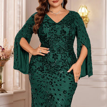 Load image into Gallery viewer, Burgundy Mermaid Plus Size V Neck Mother of the Bride Dress with Sequin Lace