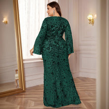 Load image into Gallery viewer, Burgundy Mermaid Plus Size V Neck Mother of the Bride Dress with Sequin Lace