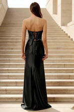 Load image into Gallery viewer, Black Mermaid Sweetheart Strapless Lace-Up-Back Floor-Length Pleated Beaded Satin Prom Dresses With Lace Applique