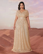 Load image into Gallery viewer, Green Sparkly Sequin V Neck A Line Mother of the Bride Dress with Cap Sleeves